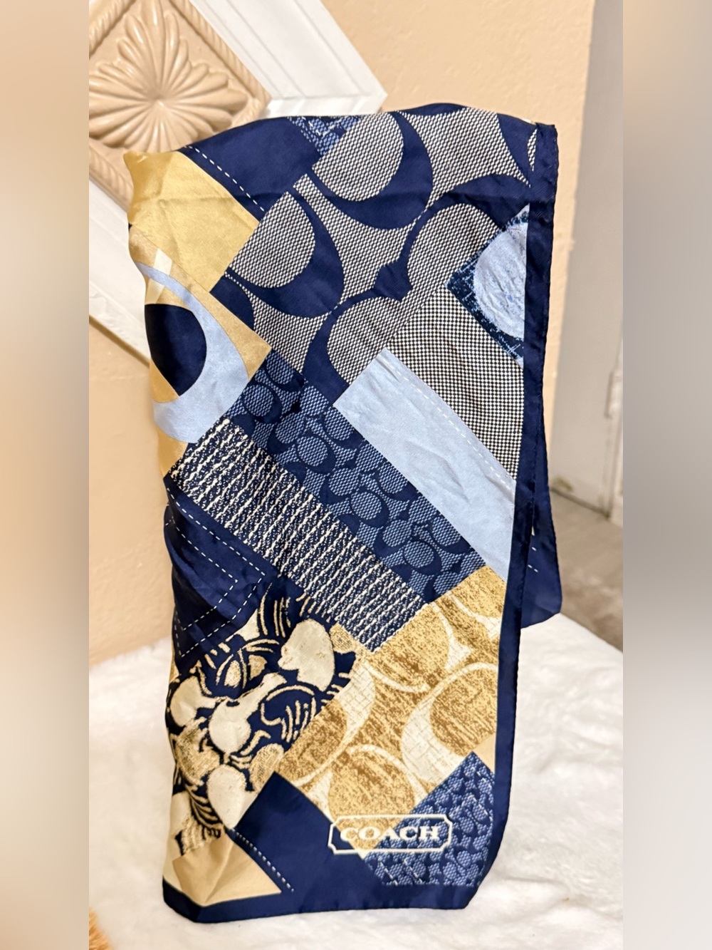 Coach Navy and Gold Patchwork Silk Scarf